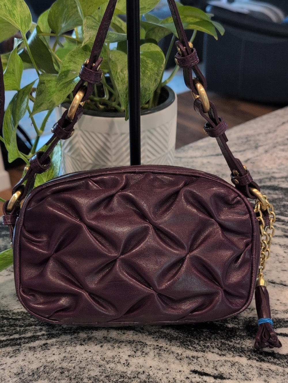 Brahmin Quilted Leather Camera Crossbody Bag Croc Embossed Trim & Strap - RARE